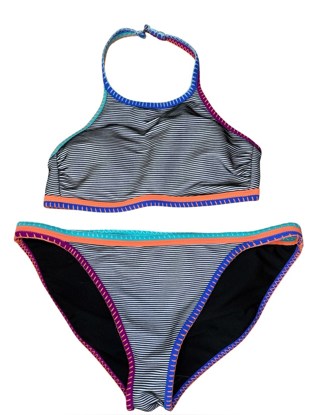 Striped Women’s High Neck Bikini Set with Colourful Trim Bottoms XL Top M